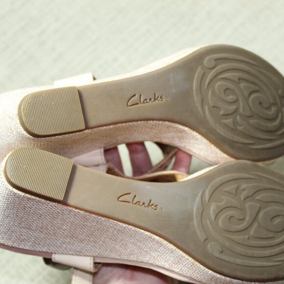 Clarks Artisian Taupe Laser Cut Wedge Sandals - Picture 6 of 7